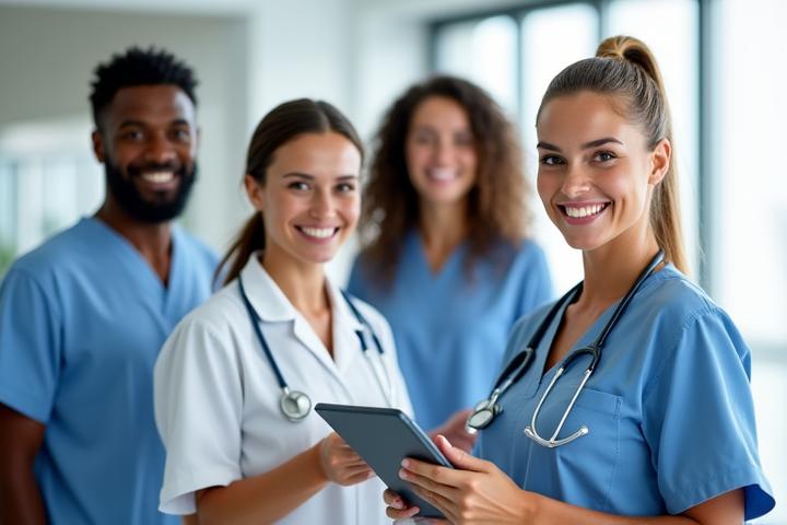 Group of diverse, confident adults smiling in a modern, light-filled wellness center, representing expertise and approachability.