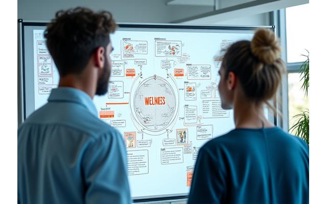 Two collaborators passionately brainstorming ideas on a whiteboard, surrounded by wellness concepts.