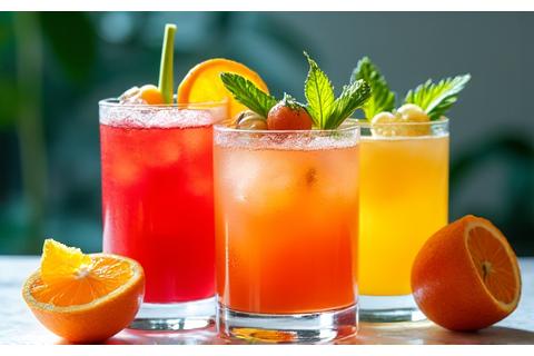 Vibrant, artfully garnished mocktails in stylish glasses on a chic bar setting.