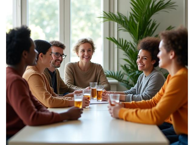 Diverse group of adults engaged in a supportive group conversation, symbolizing community and guidance.