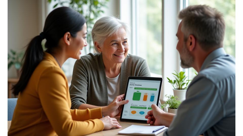 Diverse team member supporting a smiling adult client with a tablet, symbolizing personalized wellness guidance.