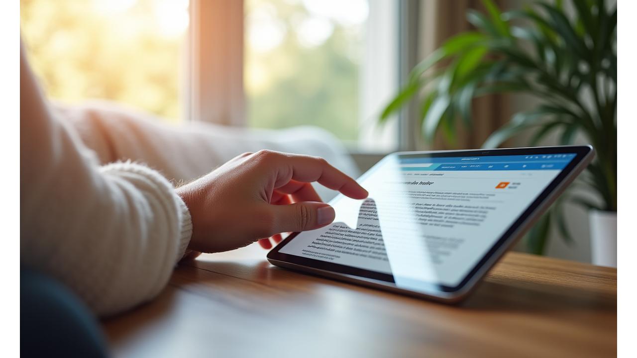Close-up of a tablet displaying a health article, with a mature hand interacting with it, light streaming into a calm, modern living room.