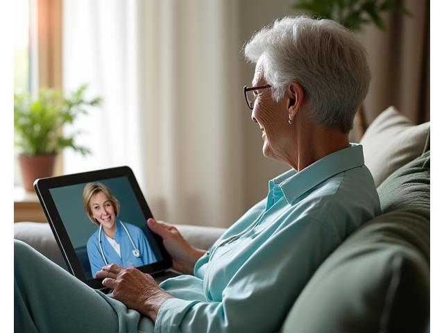 A person engaging in a video call with a healthcare professional on a tablet, representing telemedicine.