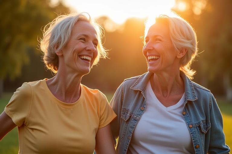 Mature couple laughing and exercising outdoors, symbolizing healthy aging and longevity
