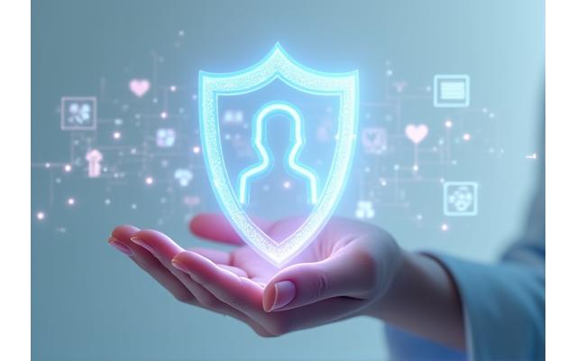 Digital shield protecting personal data on a secure interface, symbolizing data protection.