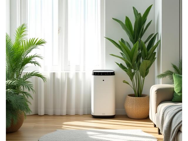 Clean, modern home interior with air purifier and plants, symbolizing home wellness.