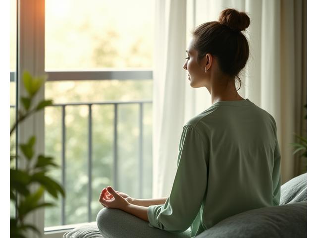 Person meditating in a calm, natural setting, symbolizing mental wellness products.