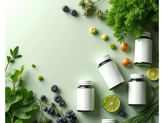 Assortment of vibrant nutrition supplements and fresh fruit.