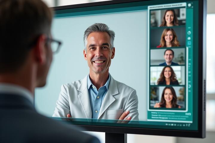 A wellness expert conducting a virtual Q&A session with a group of engaged adults connecting from their homes, displayed on a large screen or monitor.