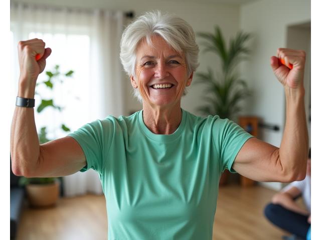 Woman in her late 50s lifting light weights with a cheerful expression in a bright home gym, demonstrating strength.