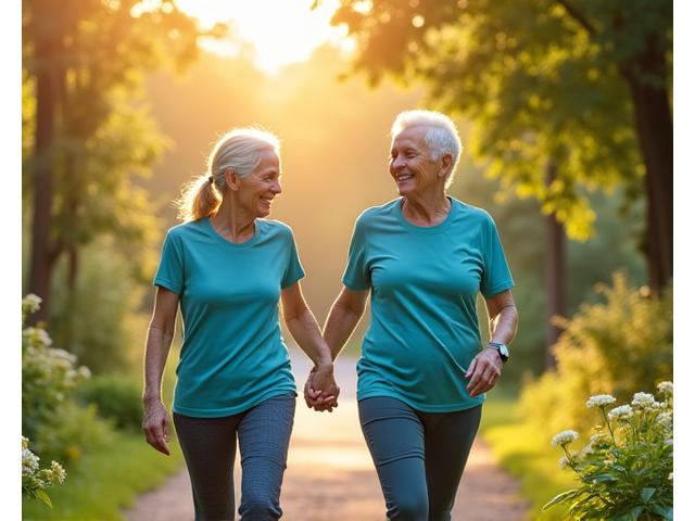An older, active couple walking in a beautiful, natural park, symbolizing healthy aging and longevity.